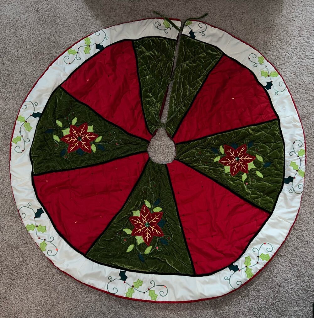 50" Poinsettia Velvet Sateen Pierced Quilted Embroidered Christmas Tree Skirt